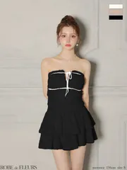 ブラック [fm4600] 　【ROBE de FLEURS / ローブドフルール】ふわふわ/ シャギーニット/ バストリボン/ ベア/ ティアード/ フレア/ セットアップ/ ミニドレス/ キャバドレス / ワンピース/ ドレス　/ ブリエ