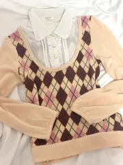 リズリサ 　アーガイル柄　シャツ襟ニット 購入 リズリサヴィンテージラテギャルアーガイルブラウスニット