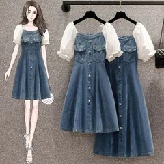 種類6：4L/ショートタイプ デニムワンピース 大きいサイズ レディース バイカラー ワンピース パフスリーブ 可愛い カジュアル きれいめ フェミニン 大人女子 フリーサイズ L 2L 3L 4L 5L XL XXL XXXL XXXXL 体型カバー Aライ