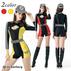 レースクイーン コスプレ 衣装 人気 ボディコン 仮装 コスチューム 制服 オールインワン かわいい 可愛い つなぎ ボディスーツ パンツ ホットパンツ ショートパンツ ショーパン ハロウィン チェッカーフラッグ かっこいい (Q)