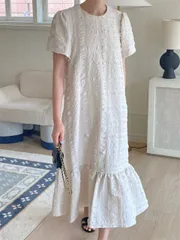 コットン ワンピース 半袖 フリル ロング スウィート レディース ラウンドネック 可愛い かわいい おしゃれ 大人 シンプル ゆったり ふんわり フレアー ピンク アプリコット ブラック 黒 ロングワンピ  [R](T)