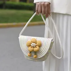 カゴバッグ 肩掛け ショルダーバッグ 3WAY クサ編み ミニ 花ストラップ 4色 出掛け[K](T)