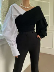 vネックオフショルダー スリムニットトップス (T)