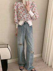 チコス チュニック スタンドカラー 長袖 花柄 L 青緑 綿 旅行 ブラウス 