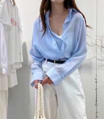 FRAY I.D シアーシャツ オフショル風 ブルー 春夏 羽織りオーバー 