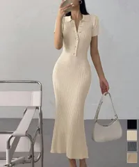 ポロニットワンピース 半袖 ロングワンピ (T)