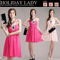 種類6：ローズピンク/2L 胸元輝くビジュ-付きホルターネックシフォンドレス (T)