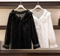 3L～7L 大きいサイズ 可愛いフリル 上品感レース切替 花柄刺繍 ブラウス(T)