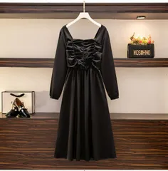 3L～7L 大きいサイズ 胸元ギャザ入り 背中伸縮ゴム スクエアネック長袖ワンピース(T)