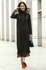 ハイネックニットワンピース 長袖 裾プリーツ タートルネック ワンピース きれいめ レディース シンプル 無地 プリーツスカート ニットワンピ おしゃれ 可愛い 大人 上品 エレガント ブラウン グレー 茶 灰色 M L フェミニン カジュアル 重ね着 20代