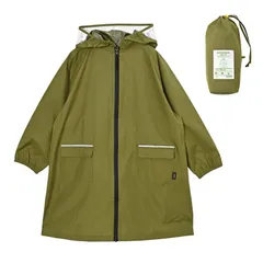 [キウ] キッズレインコート KIDS RAIN COAT 防水 撥水 はっ水 耐水 雨対策 台風 梅雨 レインポンチョ 子供 子ども カッパ 雨具 雨ガッパ 雨合羽 袖付き 収納袋 ポケット 通園 通学 幼稚園 保育園 小 [カーキ] [Free Size]