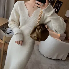 上品な可愛さ レトロ エレガント vネック 柔らか ニット スリム ワンピース[K](T)