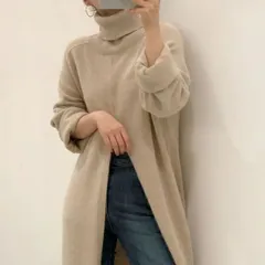 今季も大流行 ファッション オリジナル 無地 ハイネック ススリット ニットワンピース[K](T)