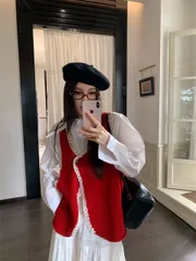 種類3：レッド/フリーサイズ/ベスト カジュアルニットベスト+シャツセット (T)