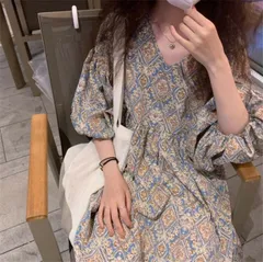 ガーリーファッション 大きいサイズ レディース ロングスカート ワンピース プリント[K](T)