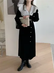 こなれコーデが完成 韓国ファッション  レトロ フリル Vネック ベルベット ワンピース[K](T)