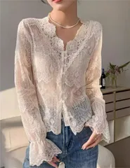 Vネックレースブラウス 透かし編みインナートップス (T)
