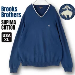 ブルックスブラザーズ★100%スーピマコットンセーター★ラインリブVネックプルオーバー ★ゴールデンフリースロゴ刺繍★Brooks Brothers★ブルー★USAメンズXL   #2512D060のサムネイル