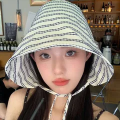 バケットハット　春夏　レディース　韓国ファッション　デザイン　リボン　ストライプ柄 (T)