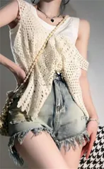 種類2：ベスト/M かぎ針編みニットベストブラウスハイウエストセット (T)