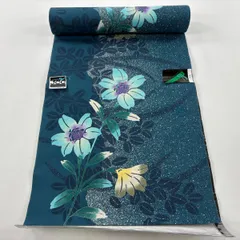 反物 優品 浴衣 草花 青緑 綿 【中古】