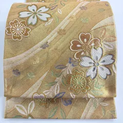 袋帯 秀品 桜 斜縞 刺繍 金糸 金色 六通 正絹 【中古】