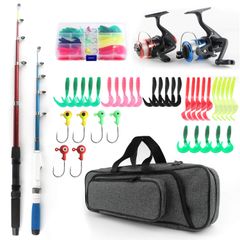 Brand new fishing set for beginners, featuring two fishing rods, a compact rod, a carbon rod, a spinning reel, a portable and lightweight carbon rod, a lure set, and a storage bag (1.6m + 1.3m).