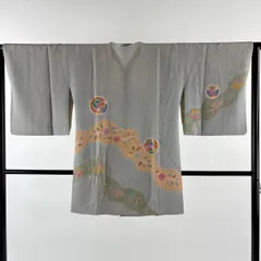 道行 身丈88cm 裄丈65cm M 和装コート 角衿 蝶 梅 金彩 灰色 正絹 秀品 【中古】