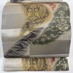 【美品】 袋帯 名品 向かい鳥 草花 金彩 銀通し 灰茶 全通 正絹 【中古】