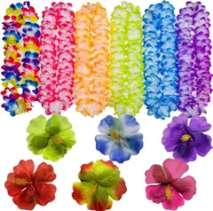 Sweet Plus ハワイ レイ 花輪 ハワイアンレイ 首掛け 花飾り 首飾り ハイビスカス フラダンス ビーチフラ 結婚式 ルアウ ポリネシアン タヒチアン (6色/12本,  FREE)