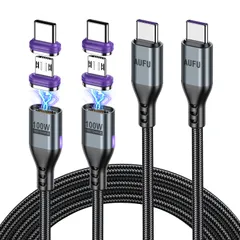 新品 AUFU USB B/USB C ケーブル マグネット PD対応100W超急速充電 16pin Type C ケーブル2本セット【1m＆1.8M】磁石ポート4本セット【タイプc端子*2＆マイクロb端子*2】480Ｍbps高速データ転送 片手操作 Type