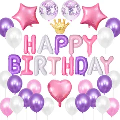 新品 誕生日 バルーン 飾り付け 風船 バスデー バルーン HAPPY BIRTHDAY ガーランド 王冠 紙吹雪風船 誕生日パーティー お祝い 記念日 サプライズ パープル ピンク