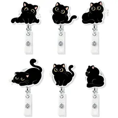 [Shanado] 猫 リールクリップ 可愛い 6個セット アクリル製 吊り下げ名札用リール リールキーホルダー 名札 ネームホルダー カードホルダー 名前装飾バッジリール 伸びるリールストラップ 最長60cm 紛失防止 黒猫 0