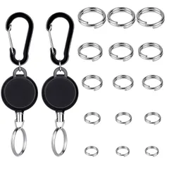 [LJJDBZYD] リールキーホルダー リールキーホルダー 金属ワイヤー カラビナ付 伸縮自在 最長65cm リールストラップ アウトドア用（2個セット+15個キーホルダー）キーホルダー外径6mm/8mm/10mm/12mm/15mm 0