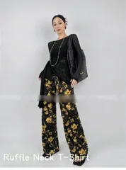 種類3：ブラック/FREE 透けデザイン フリルネック ニットカットソー (T)