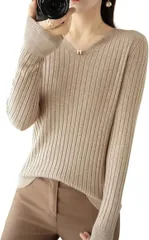 グリーンパキラ セーター レディース リブニット トップス vネックセーター 長袖 カットソー オフィスカジュアル プルオーバー ファッション 服 レディースカットソー (ベージュ,  M)
