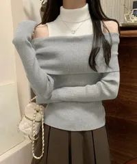 肩あきニットトップスタートルネックニット (T)