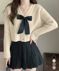 ニットカーディガン リボン付 秋冬羽織り (T)