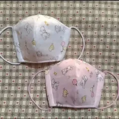 ハンドメイド、動物、風船柄の幼児用立体マスク、白、ピンク、2点セット