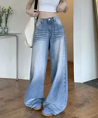 ウォッシュ加工デニムパンツ ワイドデニム (T)