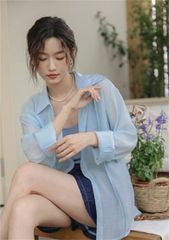 FRAY I.D シアーシャツ オフショル風 ブルー 春夏 羽織りオーバー 