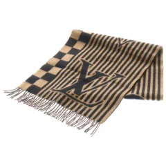 LOUIS VUITTON (ルイヴィトン) エシャルプ LVグラフィカル チェック×ストライプ柄フリンジ付カシミヤマフラー ブラック/ベージュ M00498