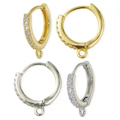 フープピアス 小さめ リングピアス パーツ キュービックジルコニア 丸カン付き 中折れ式 ゴールド シルバー 2ペアセット ハンドメイド 金具 0