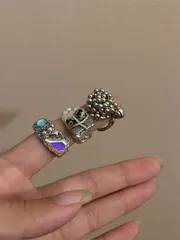 天然ブルークリスタルビーズ装飾 メタル調オープンリング (T)