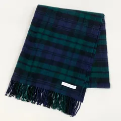 l20《美品》 JOHNSTONS OF ELGIN ジョンストンズオブエルガン ブラックウォッチ 大判マフラー フリンジストール 小物 グリーン系 カシミヤ ユニセックス 男女兼用k02i