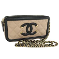 CHANEL チェーンウォレット CCフィリグリー キャビアスキン レザー ベージュ ブラック A84450
