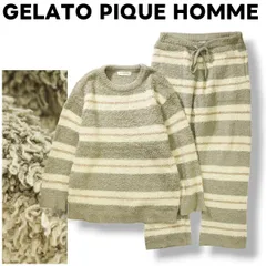 【定番】 ジェラート ピケ オム GELATO PIQUE HOMME マカロン ボーダー スリーピング セットアップ 上下 シャギー フリース L／M オリーブグレー リラックス ルームウェア 部屋着 カジュアル メンズ