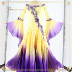 社交ダンス 衣装 スタンダードドレス ドレス ワンピース パーティドレス デモ 競技 ダンス パーティ 発表会 黄色 紫 グラデーション 上品 綺麗 パープル系 イエロー系 フォーマル ステージ衣装 ビビッドカラー ダンスパフォーマンス 発表会用 おしゃれ