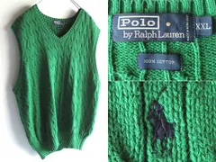 希少 90sビンテージ Polo by Ralph Lauren ラルフローレン ポロポニーロゴ刺繍 Vネック コットン ケーブルニット ベスト XXL 緑 グリーン 大きいサイズ USA企画