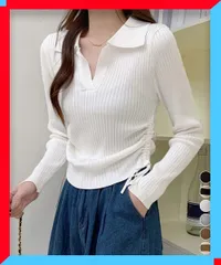 新品 レディース ポロニット ドローストリング リブニット 薄手 細身 長袖 普段着 韓国風 シンプル【送料無料】